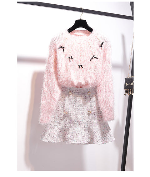 Long Sleeve Beading pullover Knitting Sweater Top + tweed Mermaid MidiSkirt 2 Piece Sets CODE: KAR419