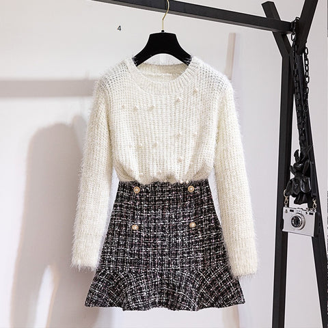 Long Sleeve Beading pullover Knitting Sweater Top + tweed Mermaid MidiSkirt 2 Piece Sets CODE: KAR419