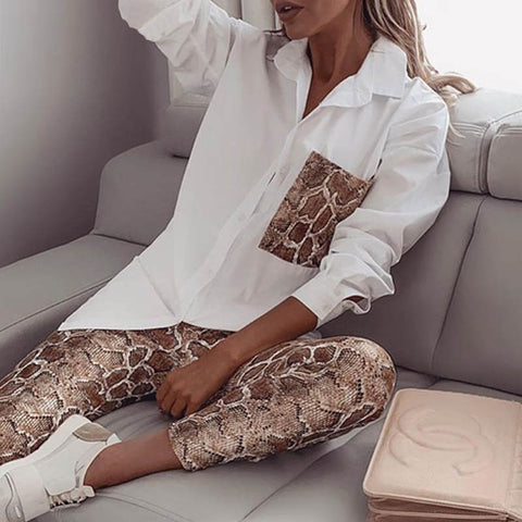 Snake Contrast Pocket Top & Pants Design Pant 2 Piece Set Women In stock CODE: KAR510