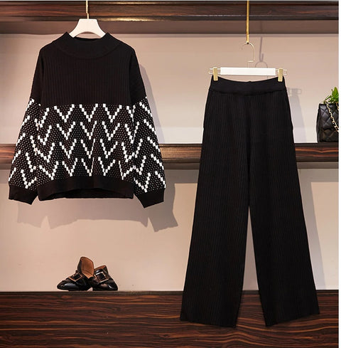 Neck Pullovers Loose Knitting Sweater +Wide-leg Knit Pants Women 2pcs CODE: KAR540