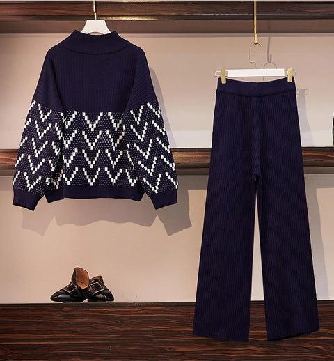 Neck Pullovers Loose Knitting Sweater +Wide-leg Knit Pants Women 2pcs CODE: KAR540
