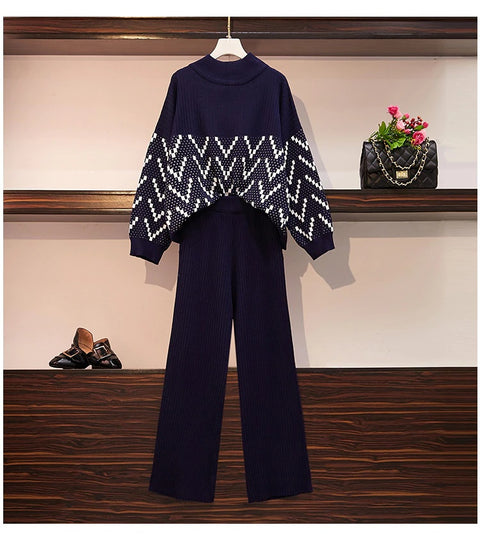Neck Pullovers Loose Knitting Sweater +Wide-leg Knit Pants Women 2pcs CODE: KAR540