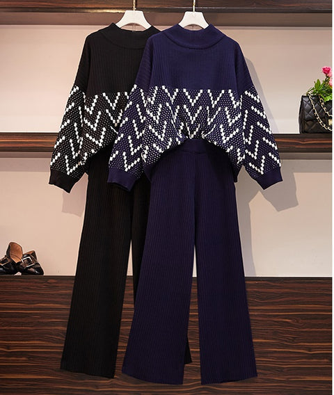 Neck Pullovers Loose Knitting Sweater +Wide-leg Knit Pants Women 2pcs CODE: KAR540