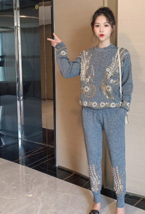 2 Piece Set Women Beading Embroidery Knitted Sets Sweater CODE: KAR541