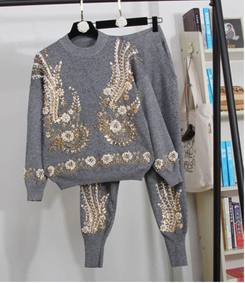 2 Piece Set Women Beading Embroidery Knitted Sets Sweater CODE: KAR541