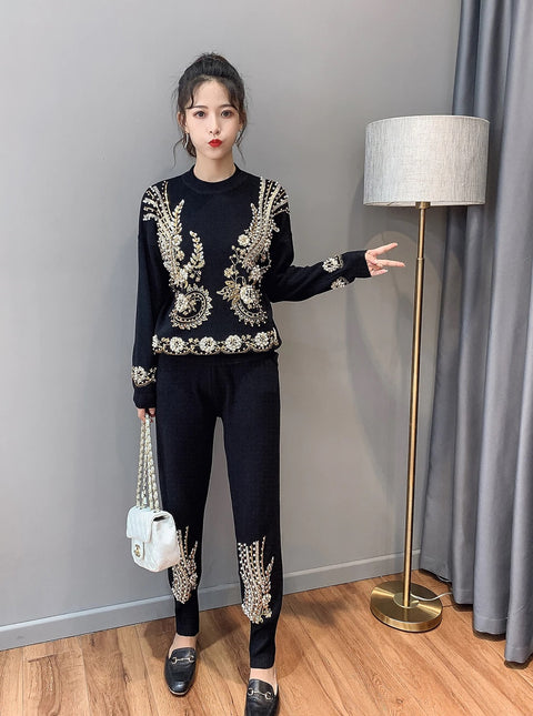 2 Piece Set Women Beading Embroidery Knitted Sets Sweater CODE: KAR541