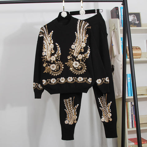 2 Piece Set Women Beading Embroidery Knitted Sets Sweater CODE: KAR541