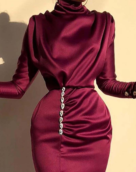 New Long Sleeve Turtleneck Ruched Button Details Party Maxi  Dress CODE: KAR567