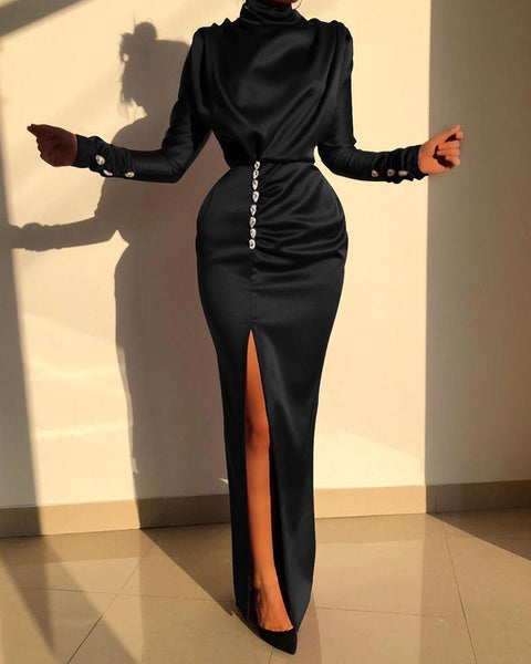 Maxi Dress Womens Long Sleeve Turtleneck Ruched Button Details Party Dress CODE: KAR567