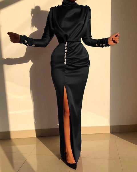 New Long Sleeve Turtleneck Ruched Button Details Party Maxi  Dress CODE: KAR567
