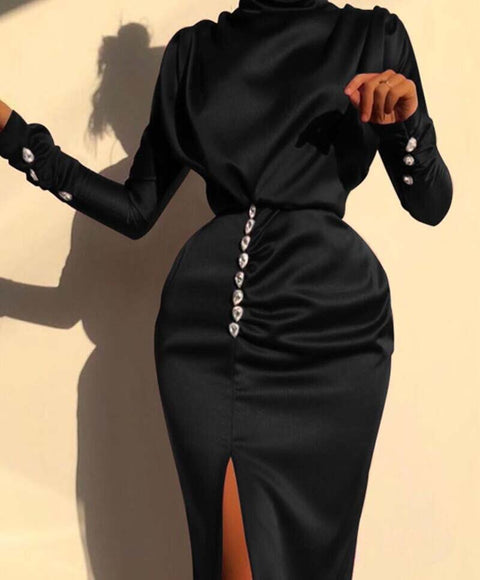 New Long Sleeve Turtleneck Ruched Button Details Party Maxi  Dress CODE: KAR567