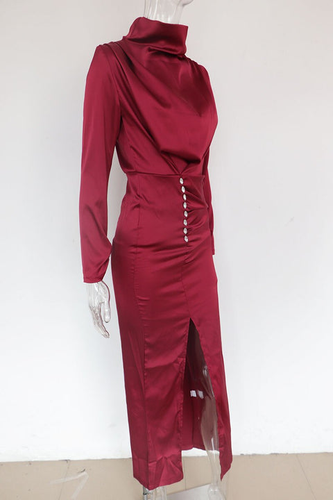 New Long Sleeve Turtleneck Ruched Button Details Party Maxi  Dress CODE: KAR567