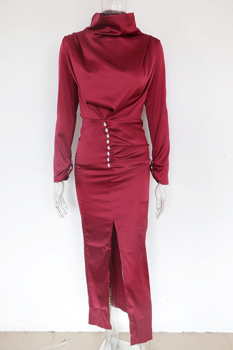 New Long Sleeve Turtleneck Ruched Button Details Party Maxi  Dress CODE: KAR567