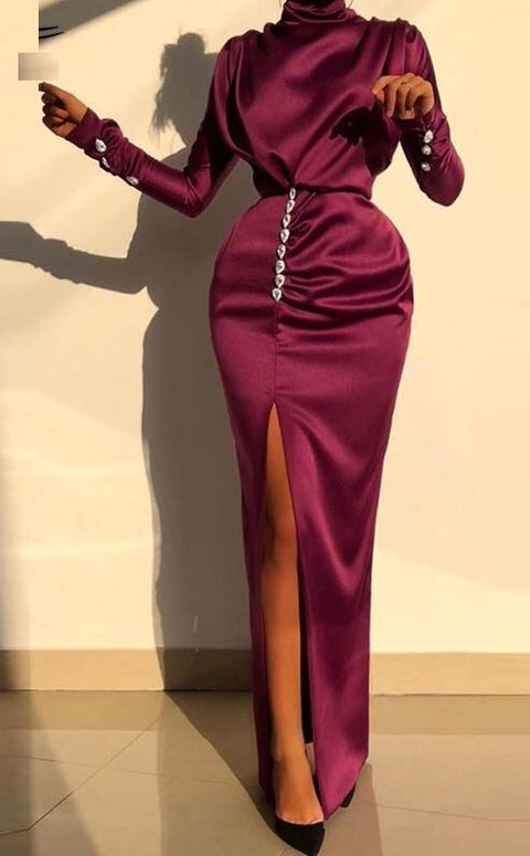 New Long Sleeve Turtleneck Ruched Button Details Party Maxi  Dress CODE: KAR567