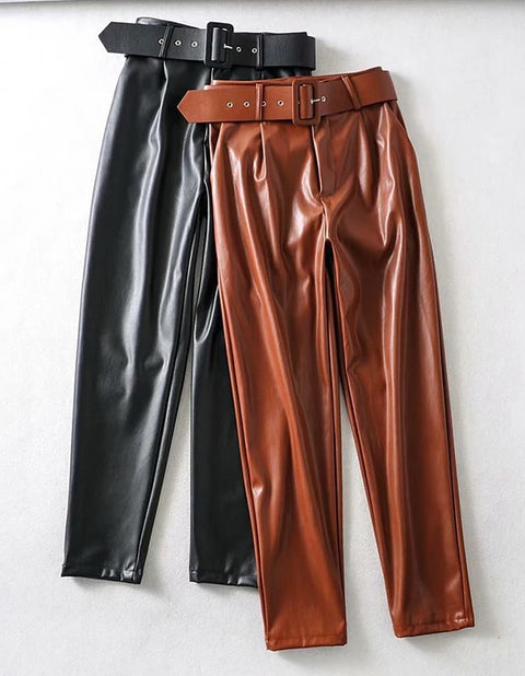 Pants High Waist Plus Size Trousers Fur PU Leather Pants CODE: KAR608