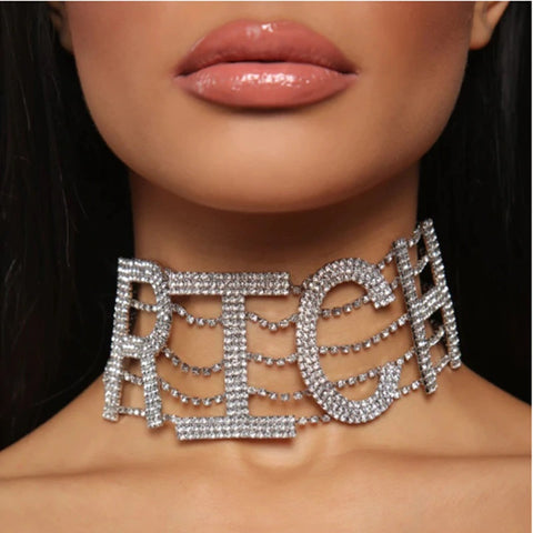 Choker Necklace For Women Rhinestone Choker Letter Necklace Statement Collar CODE: KAR646