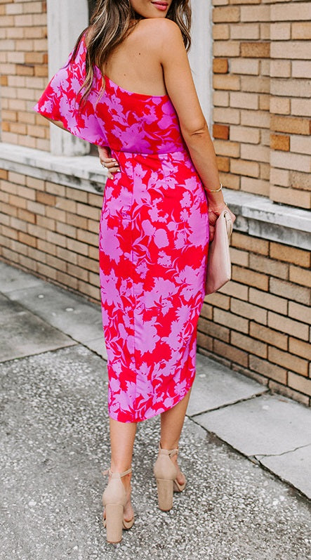 Slim oblique open-back printed dress sexy dress CODE: KAR676