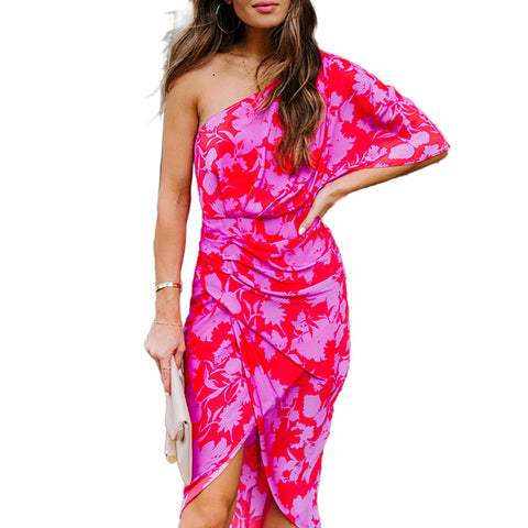 Slim oblique open-back printed dress sexy dress CODE: KAR676