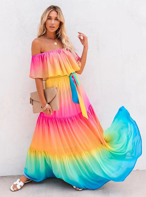 Off Shoulder Ruffled Loose Summer Maxi Dress CODE: KAR677