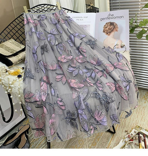 Floral Embroidery Pleated Skirts Female CODE: KAR745