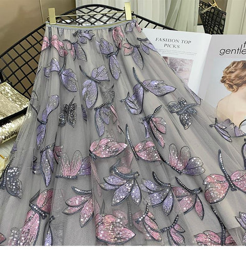 Floral Embroidery Pleated Skirts Female CODE: KAR745