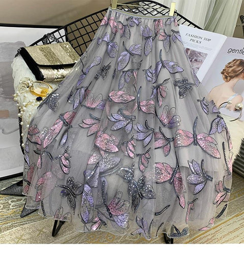 Floral Embroidery Pleated Skirts Female CODE: KAR745