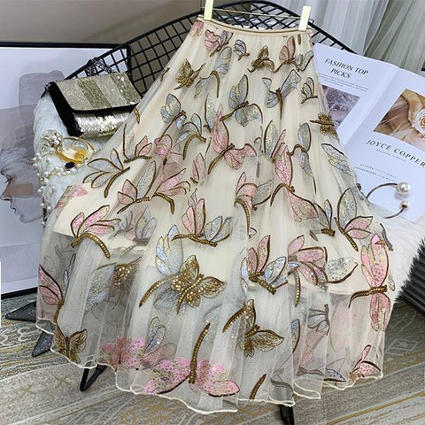 Floral Embroidery Pleated Skirts Female CODE: KAR745