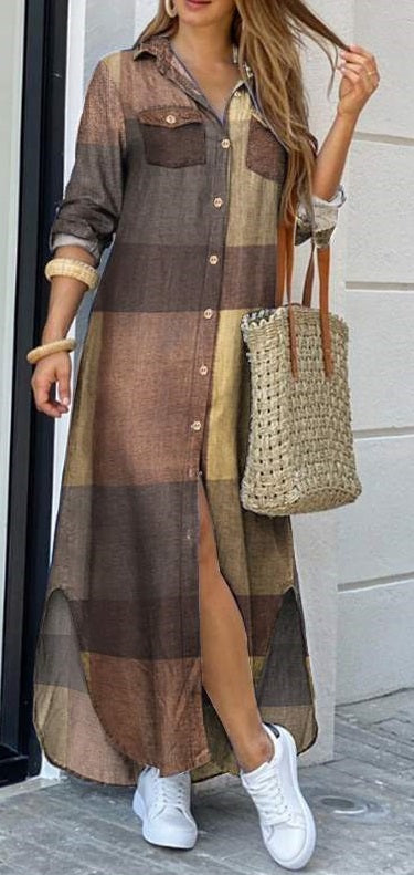 Summer Button Split Print Lapel Neck Party Dress Long Sleeve Maxi CODE: KAR791