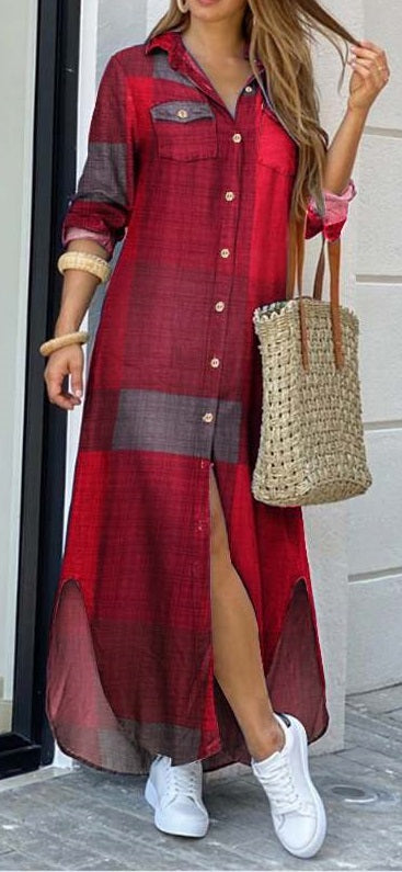 Summer Button Split Print Lapel Neck Party Dress Long Sleeve Maxi CODE: KAR791