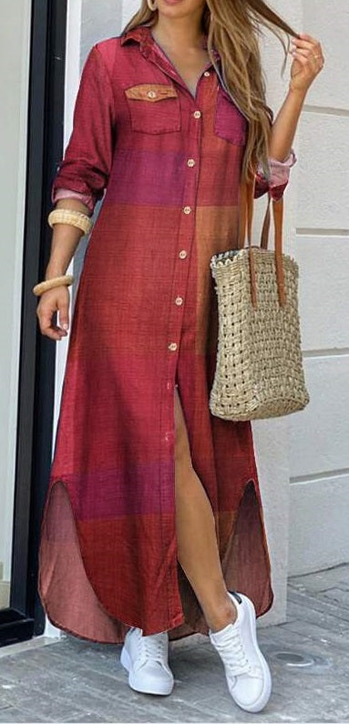 Summer Button Split Print Lapel Neck Party Dress Long Sleeve Maxi CODE: KAR791