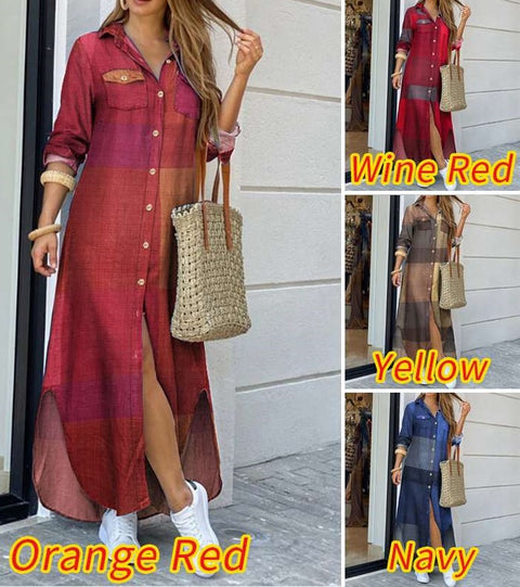 Summer Button Split Print Lapel Neck Party Dress Long Sleeve Maxi CODE: KAR791