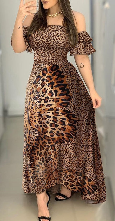 Lady Ruffle Leopard Print Flare Long Sexy Dress CODE: KAR802