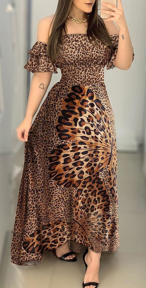 Lady Ruffle Leopard Print Flare Long Sexy Dress CODE: KAR802