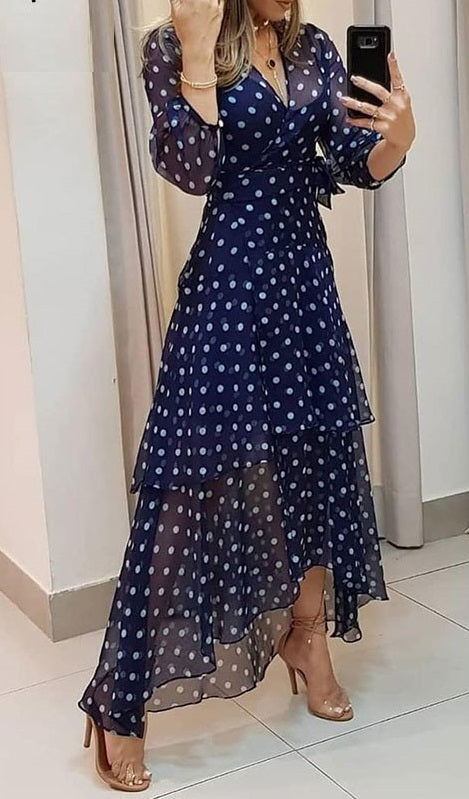 Polka Dot Print Long Sleeve Vneck Sexy Women Bohemian Dress CODE: KAR804