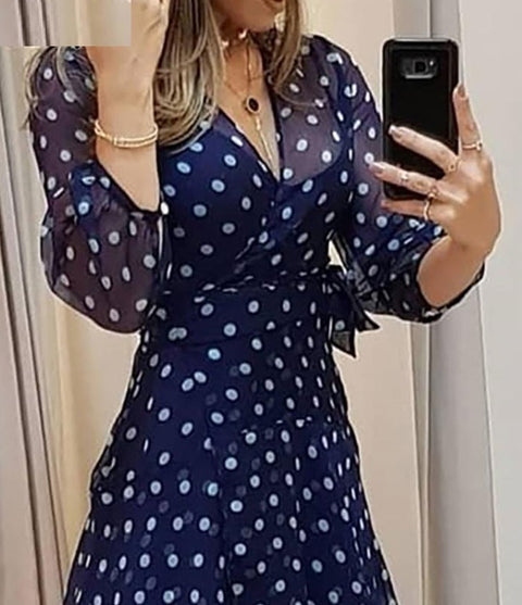 Polka Dot Print Long Sleeve Vneck Sexy Women Bohemian Dress CODE: KAR804
