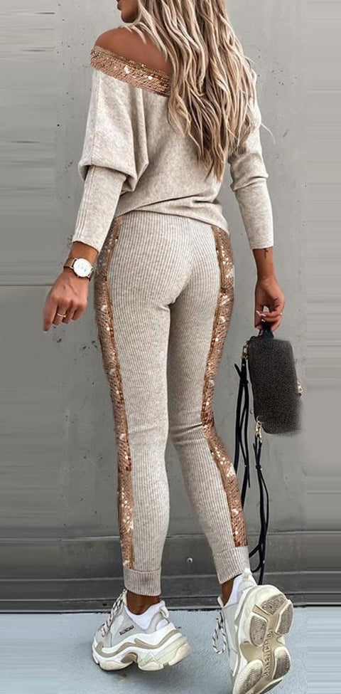 Sequins Patchwork Long Sleeve Top and High Waist Pants Sets CODE: KAR815