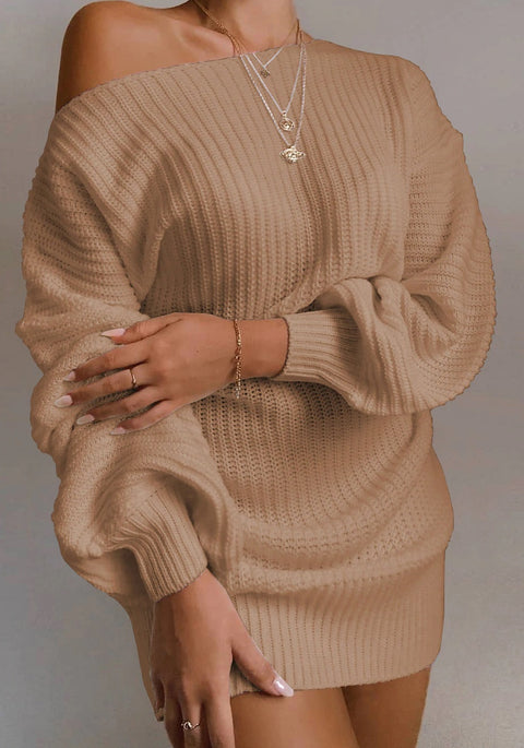 Ladies casual off-shoulder lantern sleeve sweater dress CODE: KAR818