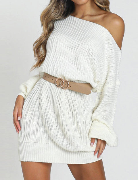 Ladies casual off-shoulder lantern sleeve sweater dress CODE: KAR818