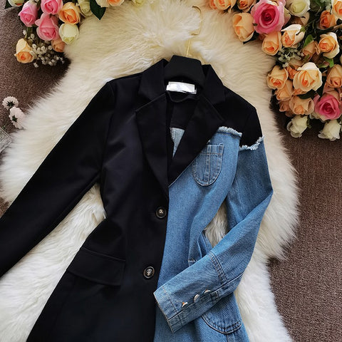 Denim Spliced Blazer Jacket Women Single Breasted Lapel CODE: KAR904