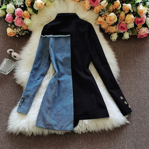 Denim Spliced Blazer Jacket Women Single Breasted Lapel CODE: KAR904