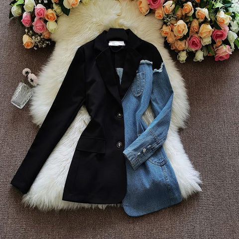Denim Spliced Blazer Jacket Women Single Breasted Lapel CODE: KAR904