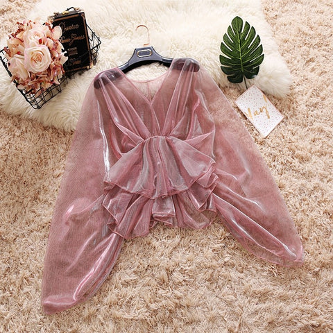 New female V-neck ruffles Mesh shirt women's bat sleeve CODE: KAR906