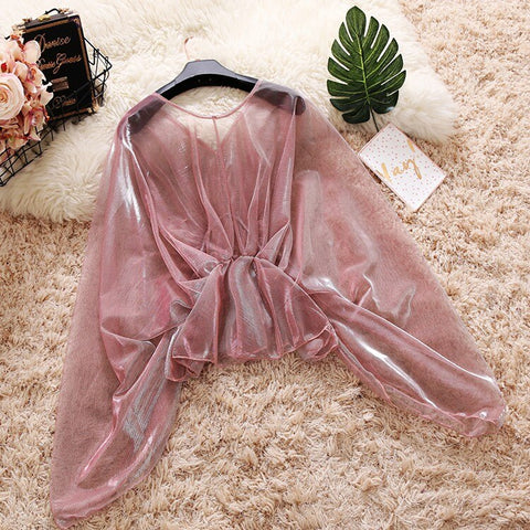 New female V-neck ruffles Mesh shirt women's bat sleeve CODE: KAR906