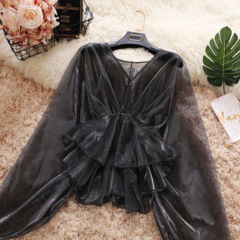 New female V-neck ruffles Mesh shirt women's bat sleeve CODE: KAR906