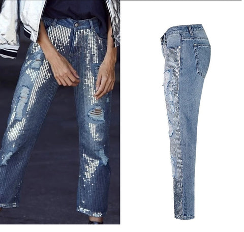 Sequin hole ripped jeans CODE: mon1044