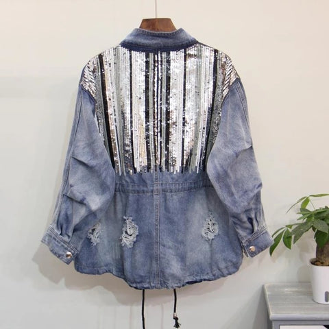Loose beads large size sequined denim jacket CODE: mon845