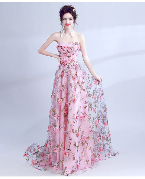 Off-Shoulder  three-dimensional flower fairy pink wedding dress CODE: mon2130