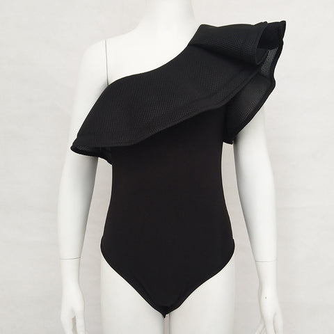 One Shoulder lotus leaf  solid Slim jumpsuit / Romper CODE: mon688