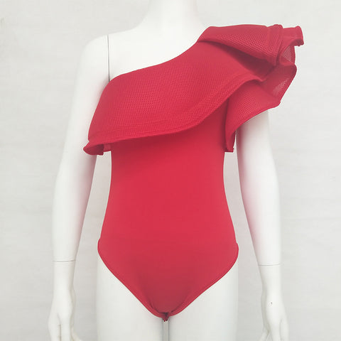 One Shoulder lotus leaf  solid Slim jumpsuit / Romper CODE: mon688