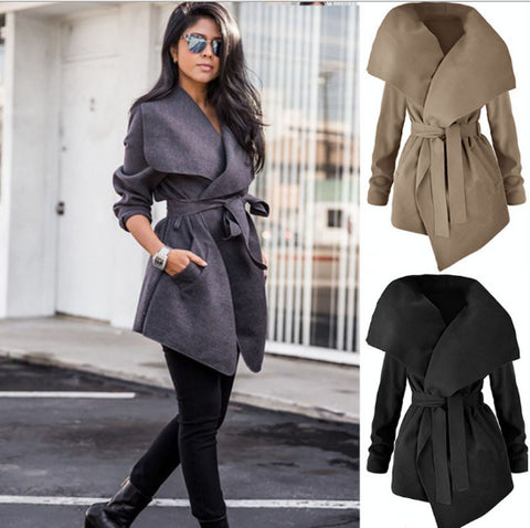 tie waist in the long section of Slim solid coat CODE: mon702